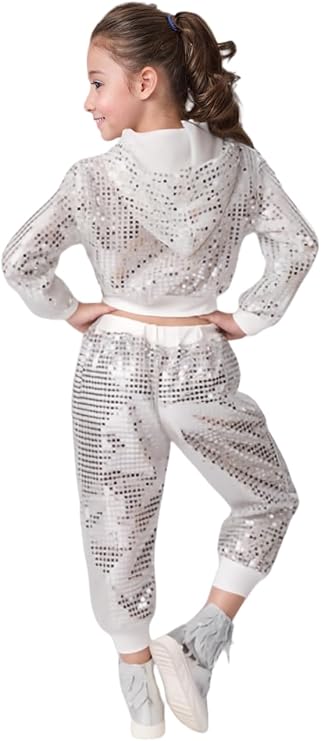 DANUOKU Girls dance costumes Kids sequin performance costume 2 pieces with sequin jacket and sequin pants for 4-10 years