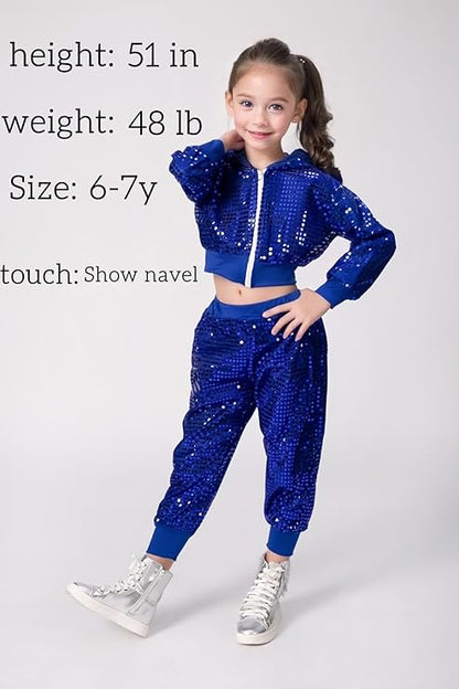 DANUOKU Girls dance costumes Kids sequin performance costume 2 pieces with sequin jacket and sequin pants for 4-10 years