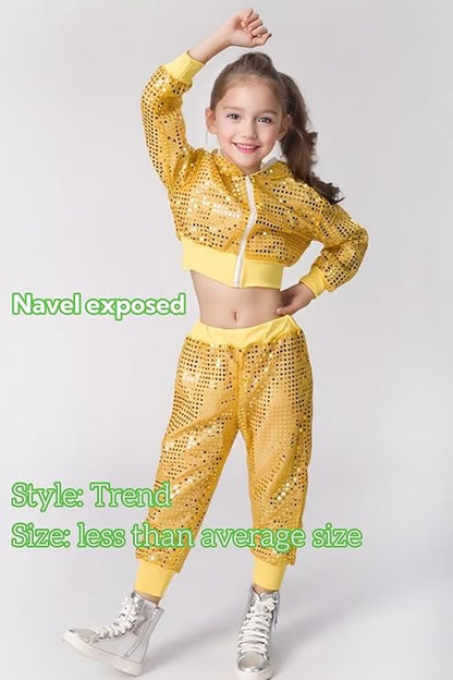 DANUOKU Girls dance costumes Kids sequin performance costume 2 pieces with sequin jacket and sequin pants for 4-10 years