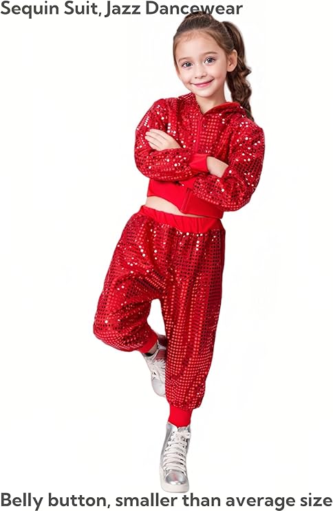 DANUOKU Girls dance costumes Kids sequin performance costume 2 pieces with sequin jacket and sequin pants for 4-10 years