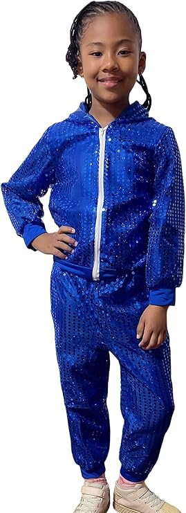 DANUOKU Girls dance costumes Kids sequin performance costume 2 pieces with sequin jacket and sequin pants for 4-10 years