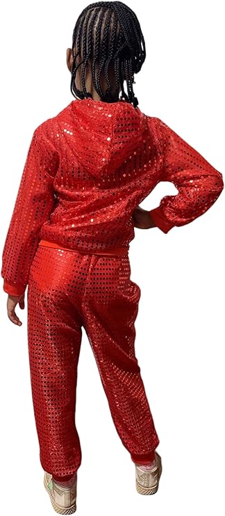 DANUOKU Girls dance costumes Kids sequin performance costume 2 pieces with sequin jacket and sequin pants for 4-10 years